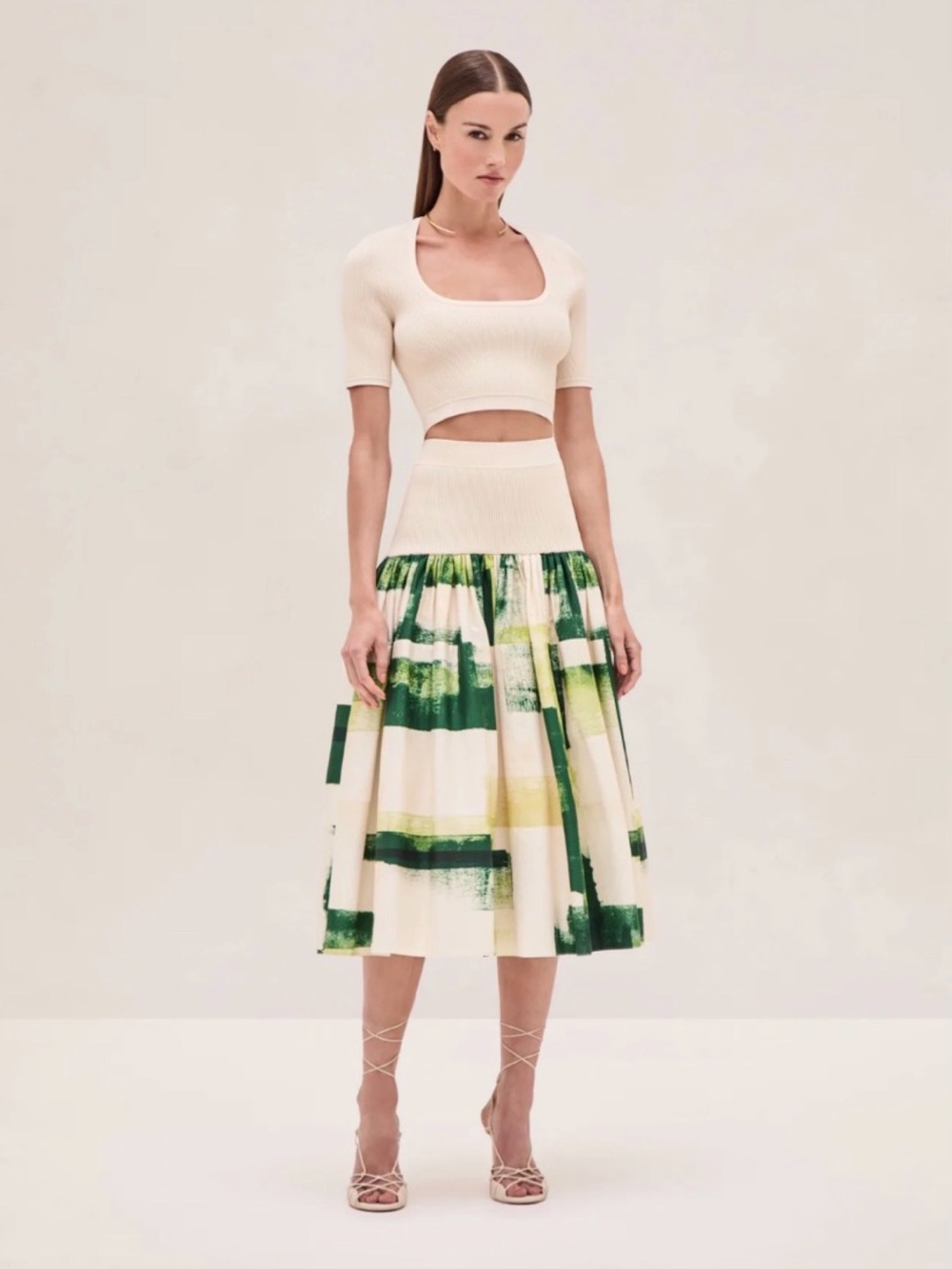 Alexis Cream and Green Abstract Print Two-Piece Skirt Set